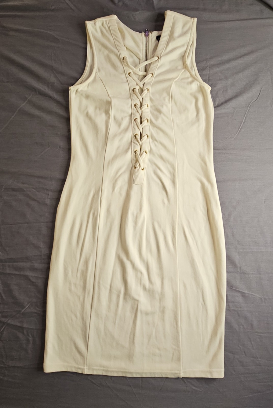 Windsor Ivory Lace Up Bodycon Midi Dress Gold Grommet Sleeveless Cocktail